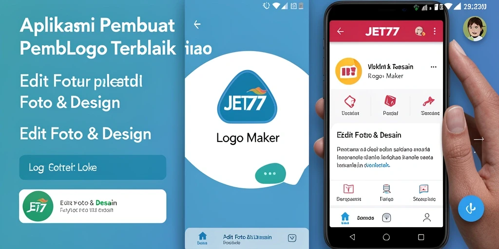 Tampilan antarmuka pengguna JET77 untuk pembuatan logo yang mudah.